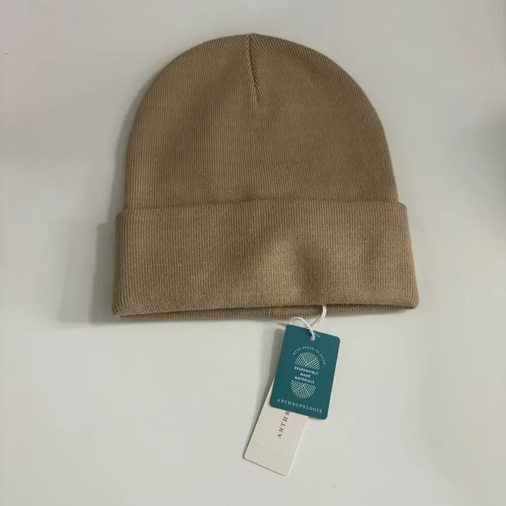NWT ANTHROPOLOGIE Fine Gauge Beanie Tan Hat Soft Beige Cuffed Knit OS